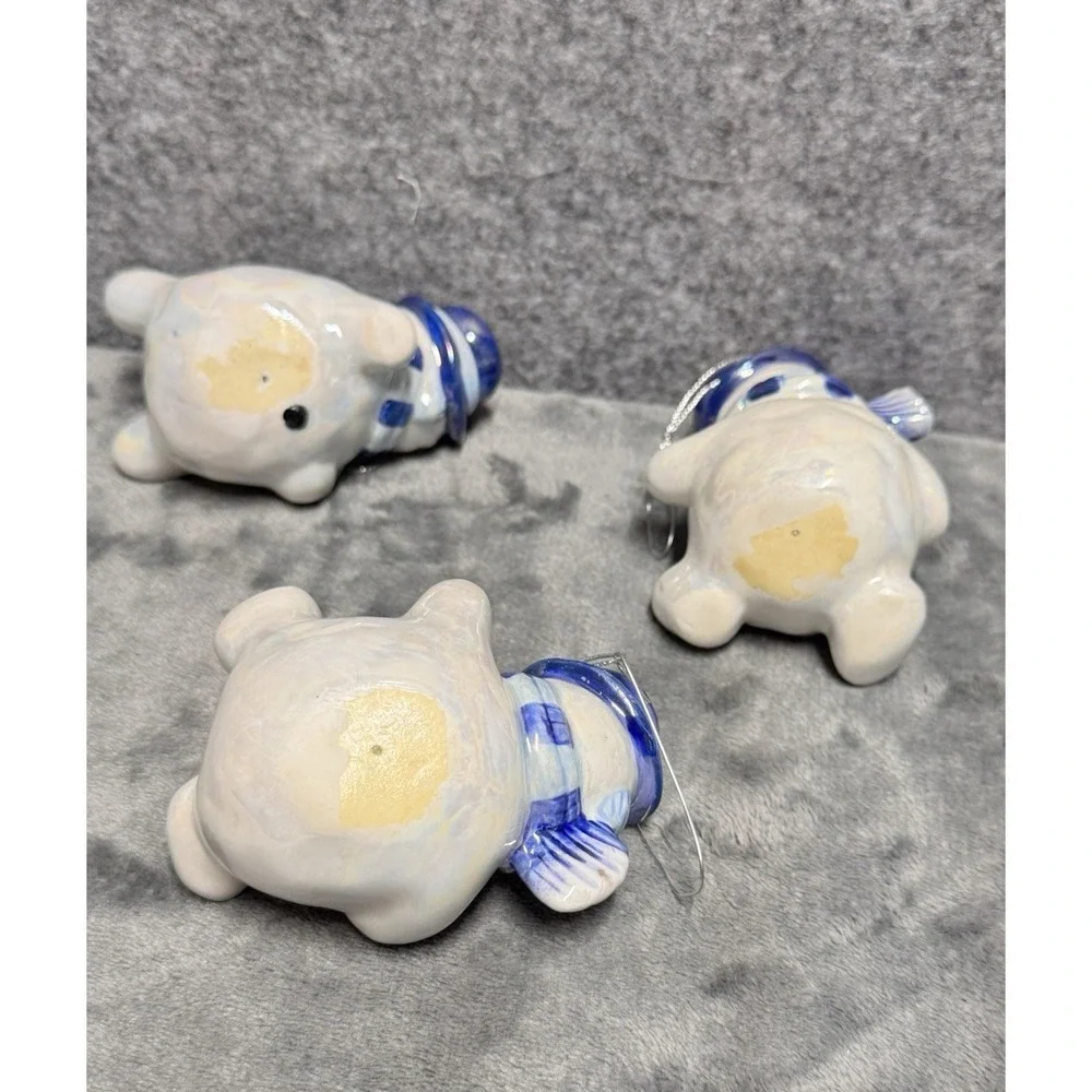 Snowman Ornaments Set of 3 Ceramic Hand painted Iridescent White w/ blue‎ Hat